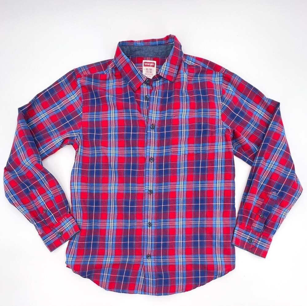 Wrangler Shirt Men Teens Extra Large 14/14 Blue Red Plaid Button Up Long Sleeve